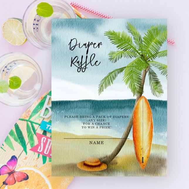 Cartão De Informações Surfboard na praia - rifa de fralda (Criador carregado)