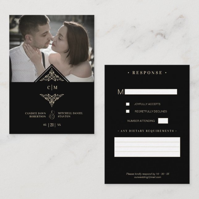 Cartão De Informações Tarjeta De Recepción RSVP Gold Wedding Initials Fl (Frente/Verso)