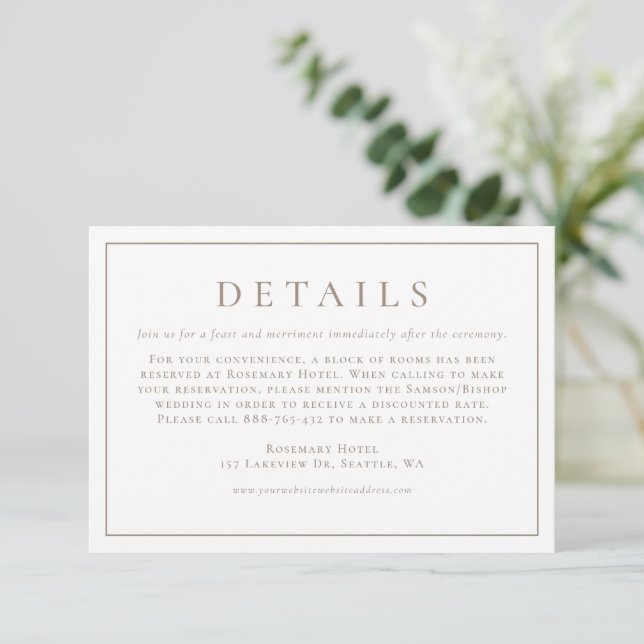 Cartão De Informações Taupe Simple Typografia Formal Casamento Detalhes (Em pé/Frente)