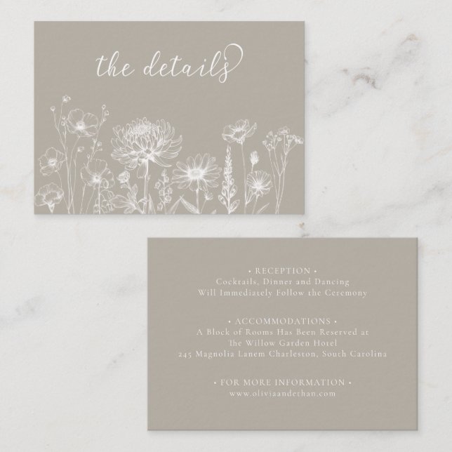 Cartão De Informações Taupe Wildflower Details Card Neutral Wedding  (Frente/Verso)