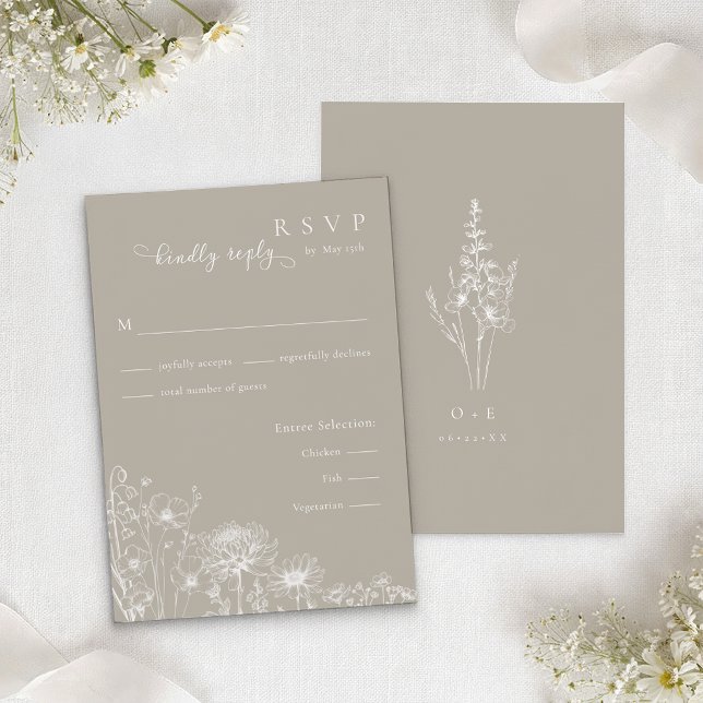 Cartão De Informações Taupe Wildflower RSVP Card Neutral Wedding Insert (Taupe RSVP Wedding Insert)