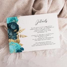 Cartão De Informações Teal Aqua Floral Gold Script Wedding Details 