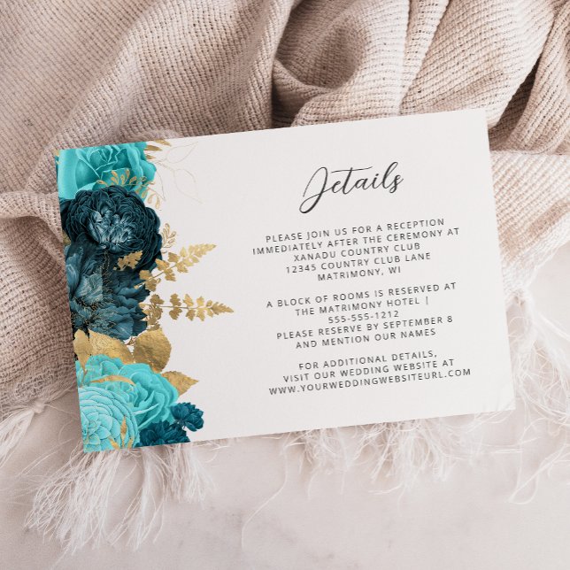 Cartão De Informações Teal Aqua Floral Gold Script Wedding Details  (Criador carregado)