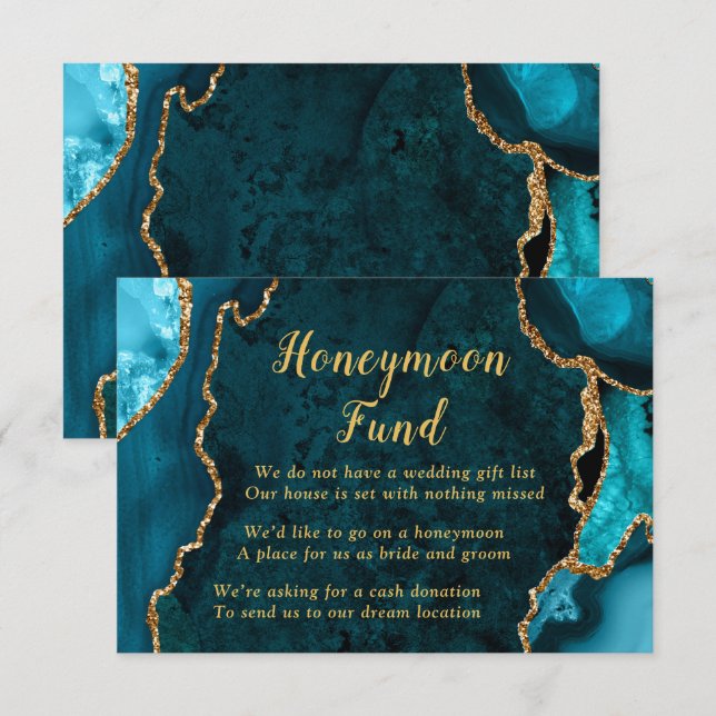 Cartão De Informações Teal Blue and Gold Agate Honeymoon Fund (Frente/Verso)