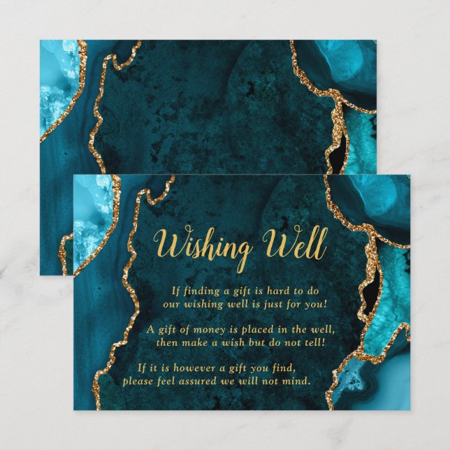 Cartão De Informações Teal Blue and Gold Agate Wedding Wishing Well (Frente/Verso)