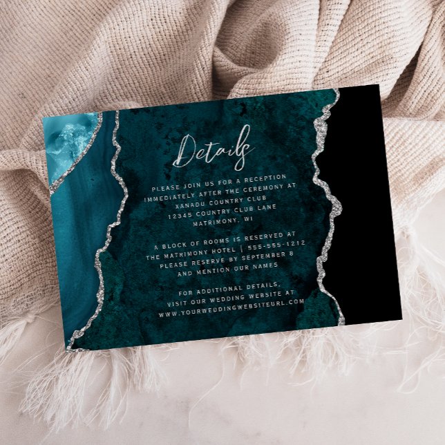 Cartão De Informações Teal Blue Silver Agate Script Wedding Details (Criador carregado)