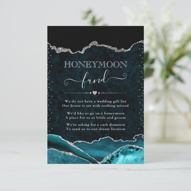 Cartão De Informações Teal e Silver Agate Weding Honeymoon Fund (Em pé/Frente)