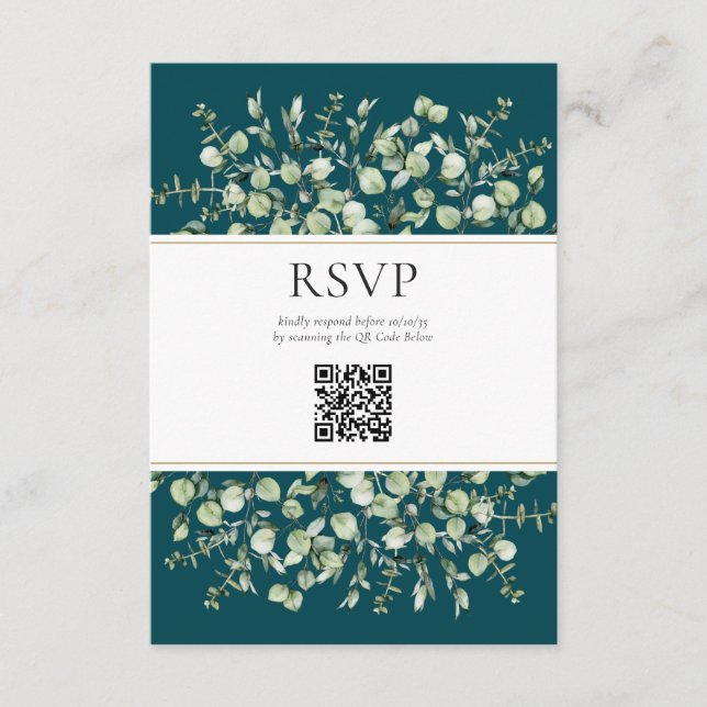 Cartão De Informações Teal Eucalyptus Código QR Casamento RSVP (Frente)