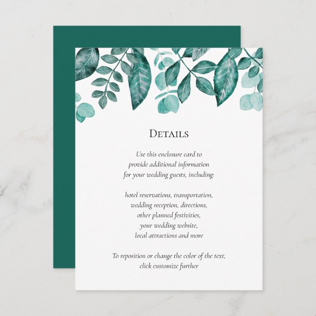 Cartão De Informações Teal Greenery Detalhes Casamento Outras Informaçõe (Frente/Verso)