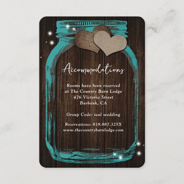 Cartão De Informações Teal Mason Jar Wood Wedding Accommodation Card (Frente)
