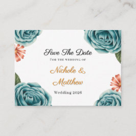 Cartão De Informações Teal Rose & Orange Daisy Wedding Save The Date
