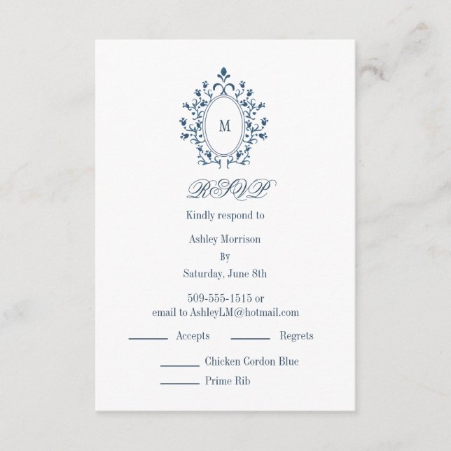 Cartão De Informações teal RSVP card Monogram With 2 Entree Choice (Frente)