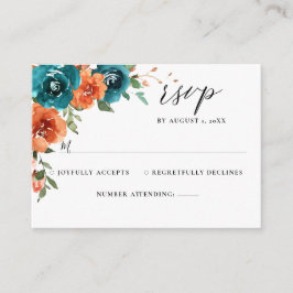 Cartão De Informações Teal Rust Orange Floral Watercolor Casamento RSVP