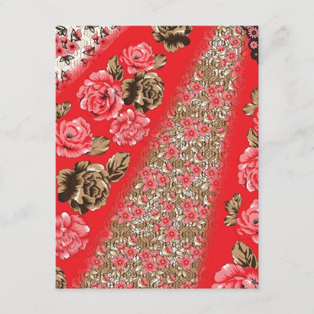 Cartão De Informações Tecido vermelho vibrante com intrincado floral e (Frente)