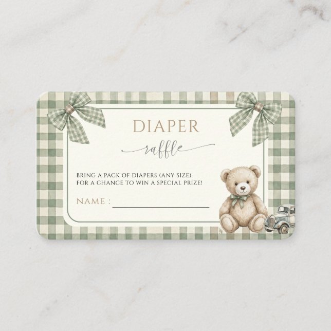 Cartão De Informações Teddy Bear Green Gingham Baby Shower Diaper Raffle (Frente)