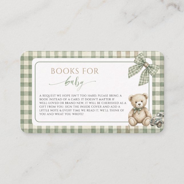Cartão De Informações Teddy Bear SageGreen Gingham Books for Baby Shower (Frente)