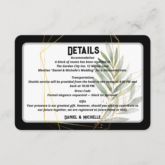 Cartão De Informações Tema Botânico do Casamento Dourado Preto Arrancado (Frente)