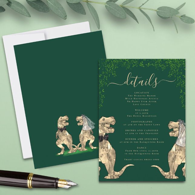 Cartão De Informações Tema Dinossauro: Casamento Detalhes Verde (T-Rex bride and groom funny dinosaur wedding details dark green enclosure card watercolor eucalyptus)