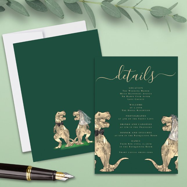 Cartão De Informações Tema Dinossauro: Casamento Detalhes Verde (T-Rex bride and groom funny dinosaur wedding details dark green enclosure card)