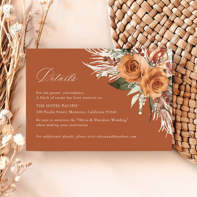 Cartão De Informações Terracotta Boho Rose Floral Wedding Details Hotel (Terracotta boho rose floral hotel details card wedding stationery pampas, watercolor, modern classic)