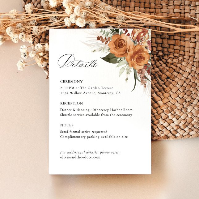 Cartão De Informações Terracotta Boho Rose Wedding Details, Ceremony (Terracotta rose floral wedding details card, boho garden wedding stationery with watercolor, pampas)