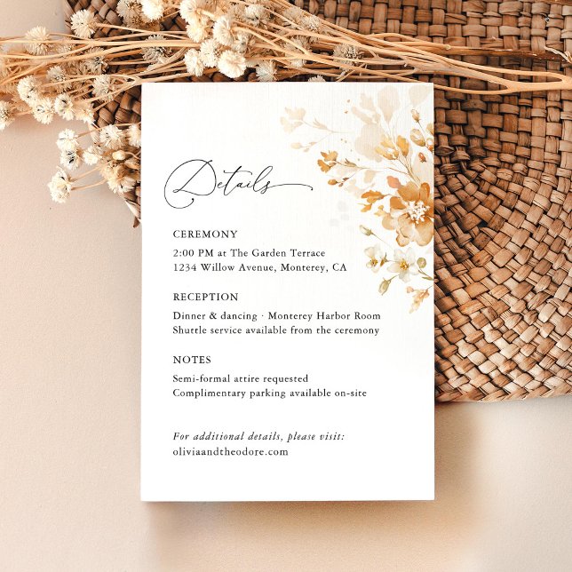 Cartão De Informações Terracotta Floral Elegant Wedding Details Ceremony (Terracotta floral wedding details card with elegant information layout, burnt orange watercolor)