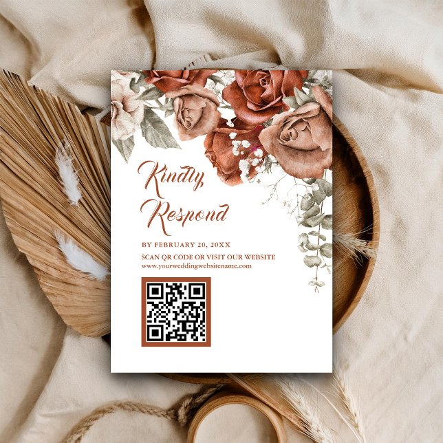Cartão De Informações Terracotta Floral QR Code RSVP Casamento Website (Criador carregado)