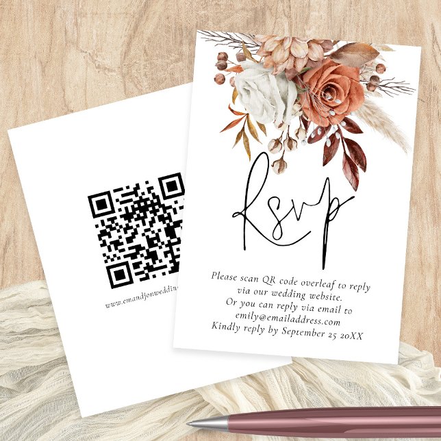 Cartão De Informações Terracotta Florals QR Code Weding RSVP Card (Front and back view)