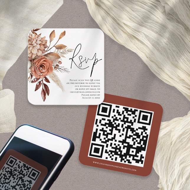 Cartão De Informações Terracotta Florals Script QR Code Weding RSVP (Front and back view)