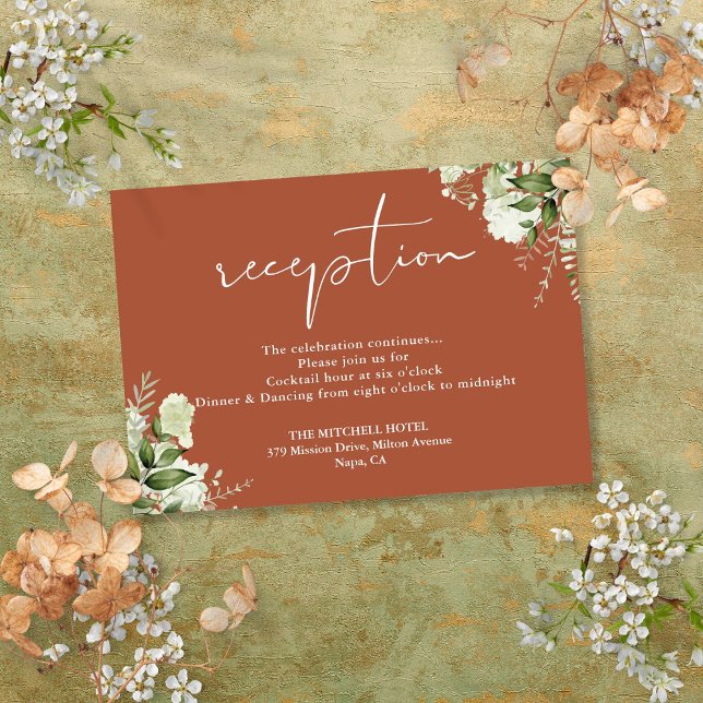 Cartão De Informações Terracotta Greenery Recepção de casamento (Terracotta Greenery Script Wedding Reception Enclosure Card)