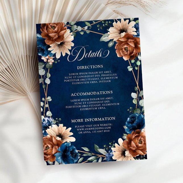 Cartão De Informações Terracotta Marinho Blue Greenery Detalhes do Casam (Terracotta Navy Blue Greenery Wedding Details Enclosure Card)