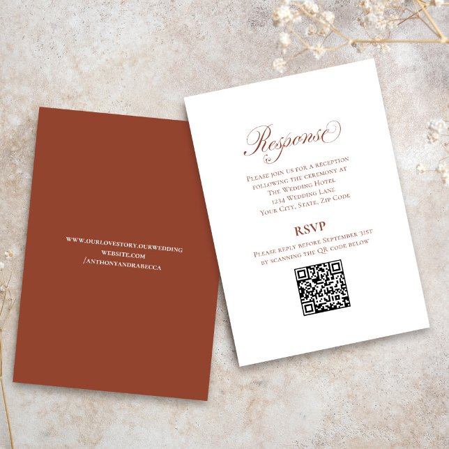 Cartão De Informações Terracotta Script Wedding RSVP QR Code (Elegant terracotta RSVP QR code card with modern script for easy online wedding replies)