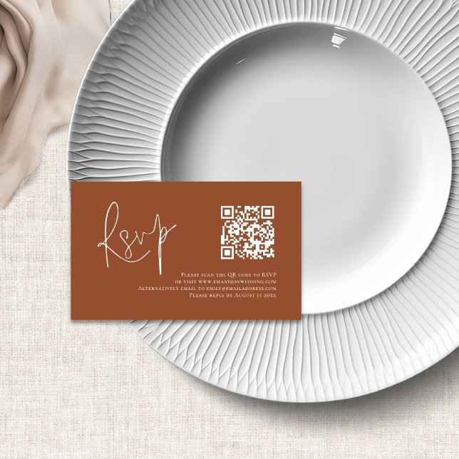Cartão De Informações Terracotta White Script QR Code Weding RSVP (Criador carregado)