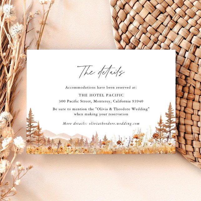 Cartão De Informações Terracotta Wildflower Mountain Wedding Hotel (Terracotta wildflower mountain wedding hotel details card with watercolor florals, boho rustic card)
