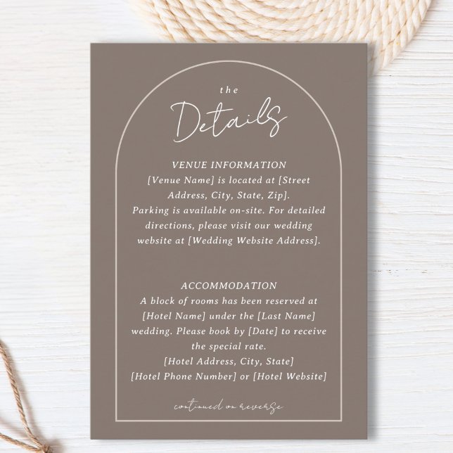 Cartão De Informações Texto de Detalhes Personalizados de Casamento de F (Simple Arched Border Wedding Custom Details Taupe Enclosure Card)