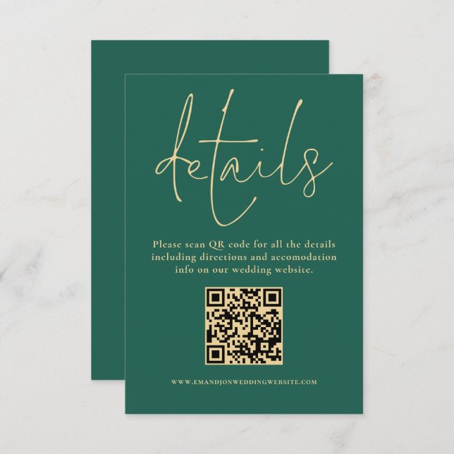 Cartão De Informações Texto Dourado Código QR Casamento Detalhes do Verd (Frente/Verso)