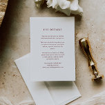 Cartão De Informações Texto vermelho branco e escuro | Detalhes do Convi<br><div class="desc">Estes cartões de informação de convidados minimalistas e elegantes apresentam texto vermelho escuro sobre fundo branco,  para uma aparência simples e na moda. Você pode usar esses cartões para dirigir,  receber ou transportar informações,  informações sobre hotel ou acomodações e quaisquer outros detalhes de casamento que você precise conhecer.</div>
