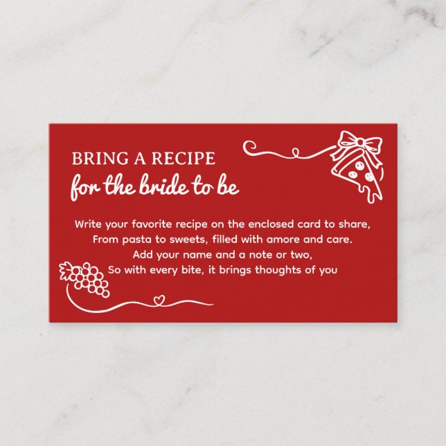 Cartão De Informações That's Amore Bridal Shower Bring a Recipe  (Frente)