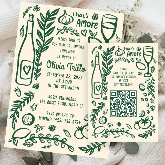 Cartão De Informações That's Amore Italian Food CUSTOM Bridal Shower QR (That's Amore Italian Food Hand-drawn Doodle CUSTOM Bridal Shower Invitation QR Code Enclosure Card
)