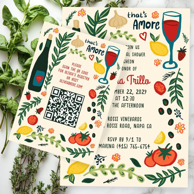 Cartão De Informações That's Amore Italian Food CUSTOM Bridal Shower QR (That's Amore Italian Food Hand-drawn Doodle CUSTOM Bridal Shower Invite QR code Enclosure Card
)