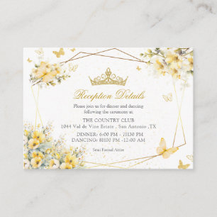 Cartão De Informações Tiara Floral Borboletas Amarela Dourada Quinceañer