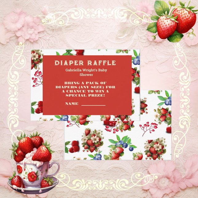 Cartão De Informações Tíquete de Raffle Modern Strawberry Berry, Fralda  (Modern Strawberry Berry Sweet Diaper Raffle Ticket Enclosure Card)