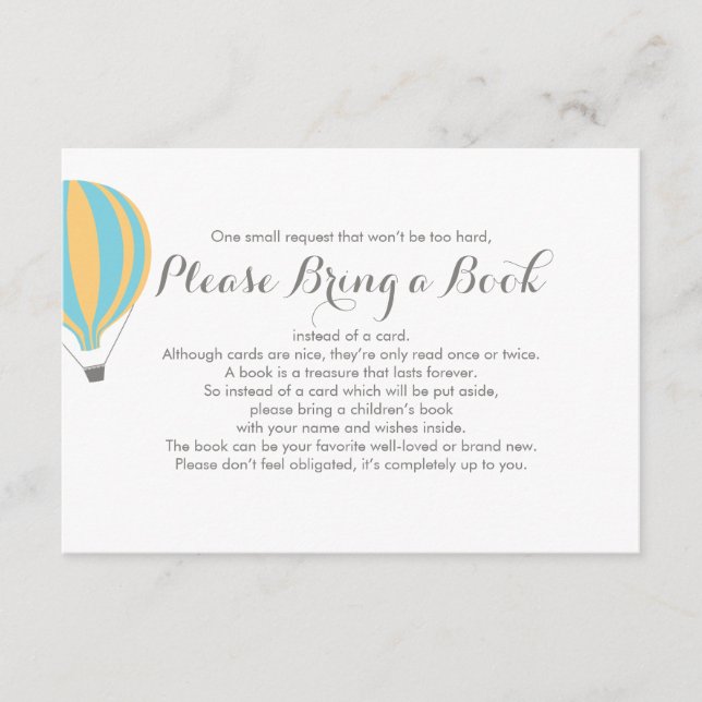 Cartão De Informações Traga um Livro Azul Balão de Ar Quente (Frente)