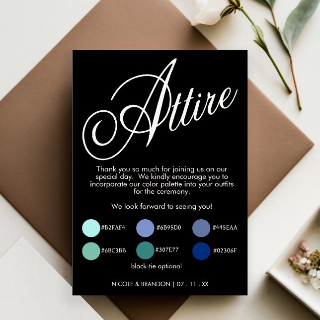 Cartão De Informações Traje De Casamento De Script Elegante Preto (Black Elegant Script Wedding Attire Enclosure Card)