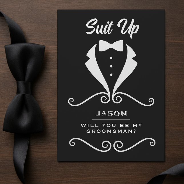 Cartão De Informações Traje de Proposta para Padrinho Vestir Smoking Gra (Groomsman Proposal Suit Up Tuxedo Bowtie Black Enclosure Card
)