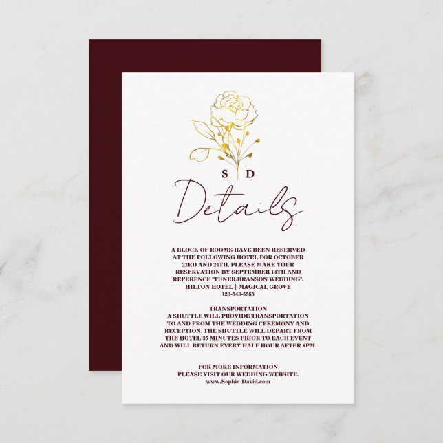 Cartão De Informações Trendy Deep Burgundy Gold Monogram Wedding Details (Frente/Verso)