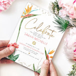 Cartão De Informações Tropical Bat Mitzvah Dourada Script Floral Waterco<br><div class="desc">Tenha orgulho, alegria e mostre este marco do seu Bat Mitzvah favorito! Inclua esta inserção moderna, discreta e personalizada para obter informações adicionais sobre seu evento. Na moda, atordoante, colorida, pássaros aquosos tropicais de flores do paraíso, escrita falsa em ouro manuscrita, Estrela de David e pontos brilhantes, juntamente com cor-de-rosa...</div>