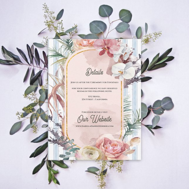Cartão De Informações Tropical Orchid Floral Destination Wedding Details (Tropical Orchid Wedding Details Card | Blush Floral Destination Beach Info Enclosure)