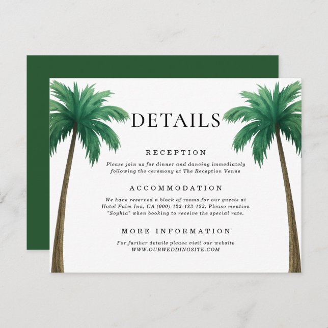 Cartão De Informações Tropical Palm Trees Minimal Beach Wedding Details (Frente/Verso)