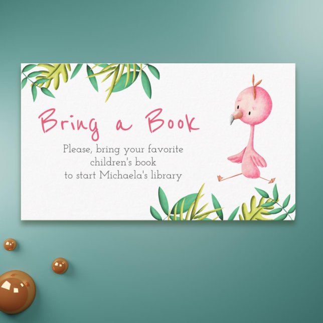 Cartão De Informações Tropical Summer Flamingo Traga um Livro (Adorable flamingo bring a book card for baby showers)